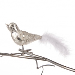 Стеклянная птица на зажиме серебристо-белая 15 см